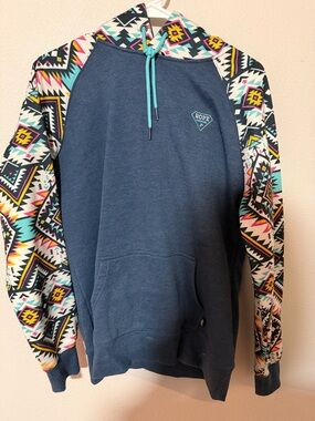 Hooey Blue Crewneck Hoodie with Aztec-Print Sleeves